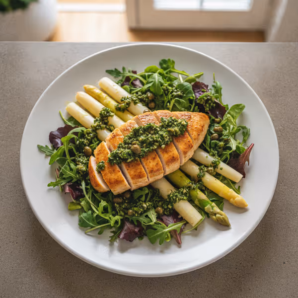 Asparagi e petto di pollo su misticanza con salsa verde