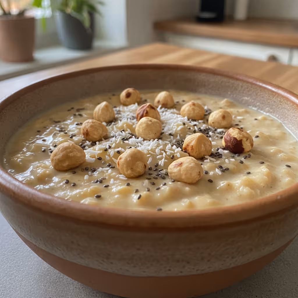 Budino di banana, nocciole e cocco con chia, pronto da servire