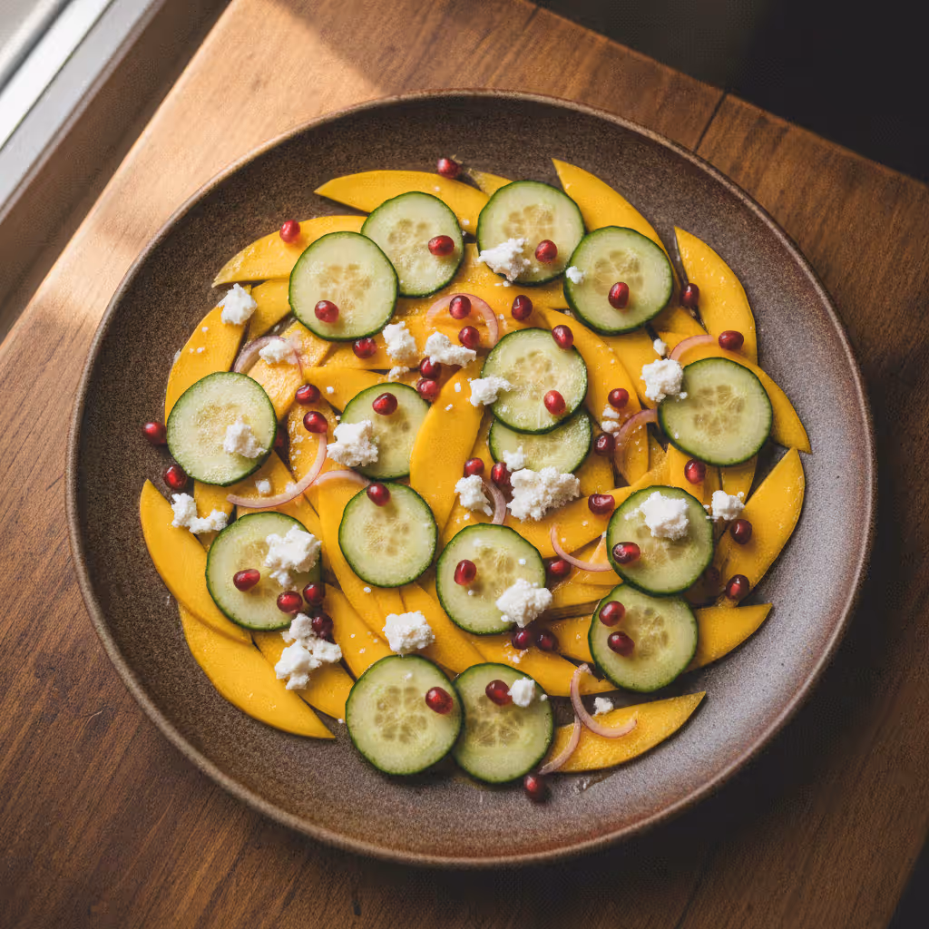 Carpaccio di mango e cetriolo con feta e chicchi di melograno, pronto da servire
