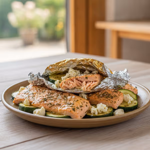 Cartocci di salmone, zucchine e feta alla griglia