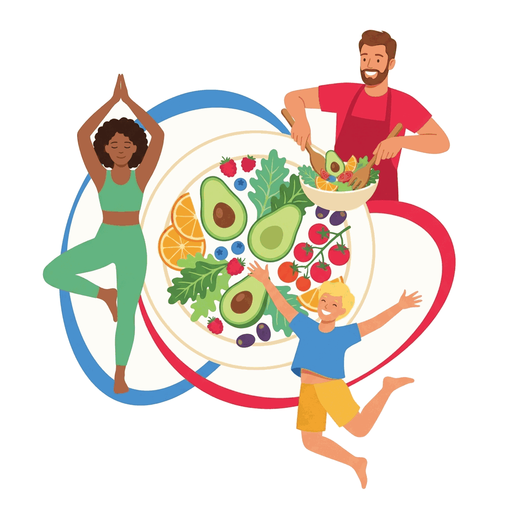Illustrazione: persone intorno a un piatto di cibo fresco e sano